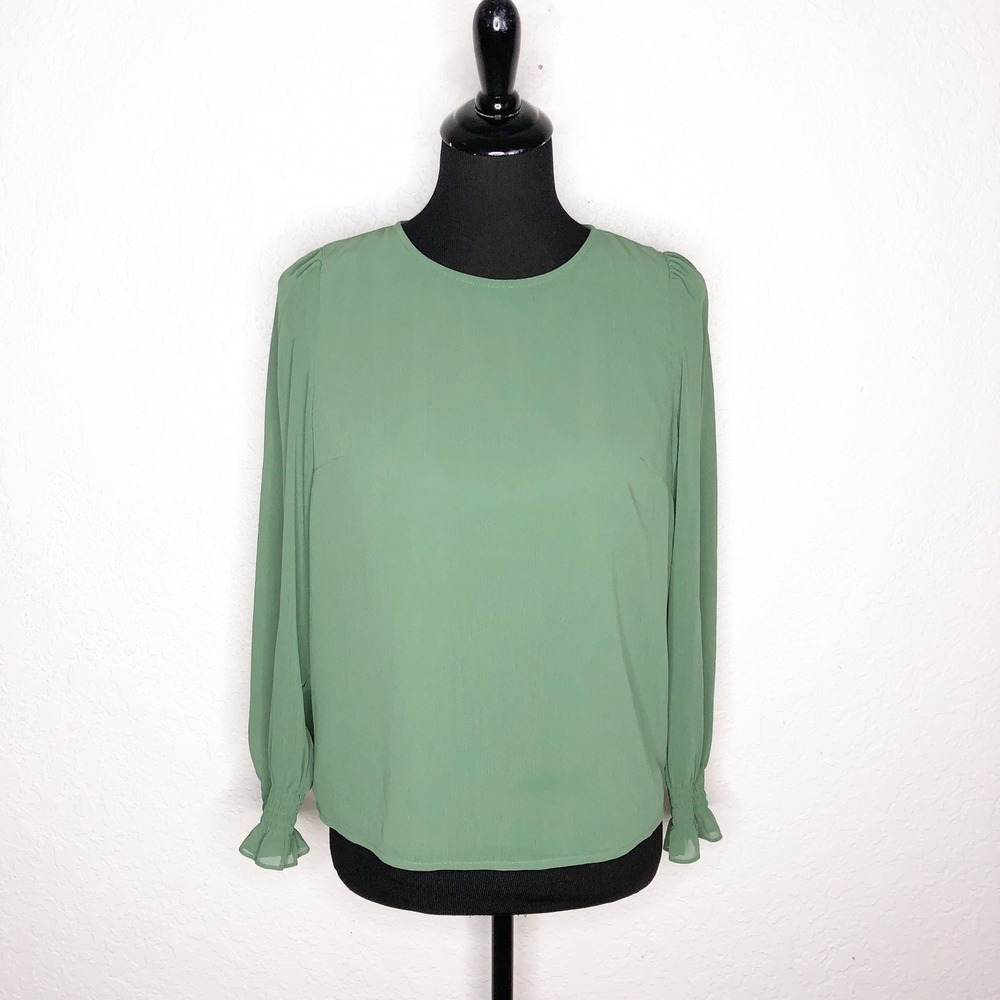 J.Crew Sage Green Smocked Cuff Long Sleeve Blouse Petite Small PS